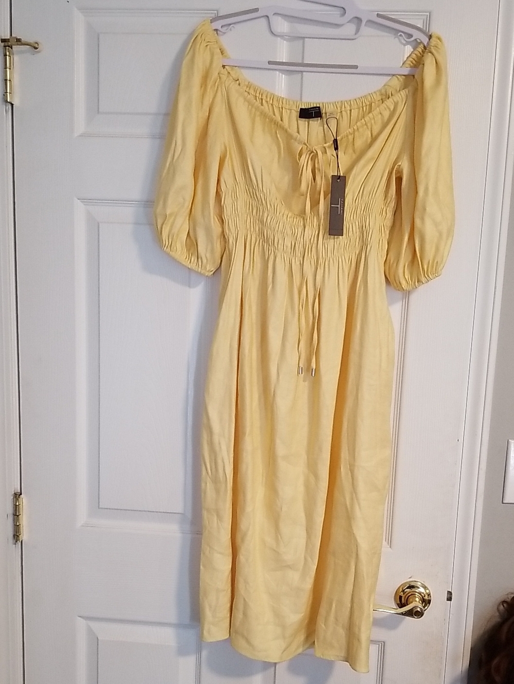Yellow Smocked Puff-Sleeve Midi Dress - Unbranded